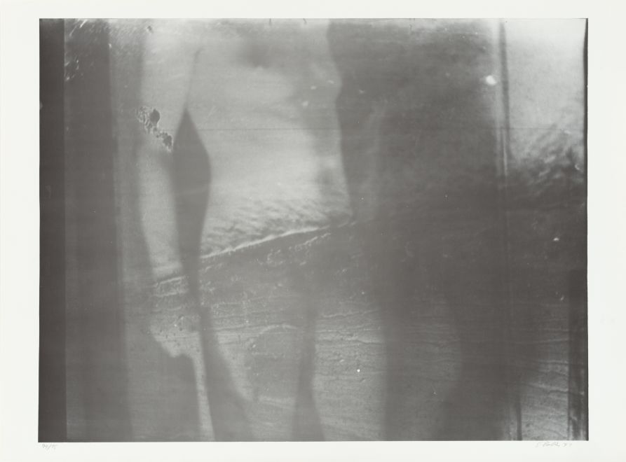 Offset print by Sigmar Polke. Blurred and heavily reworked b/w photo shows a naked woman whose head and legs are cut off from the edge of the picture.