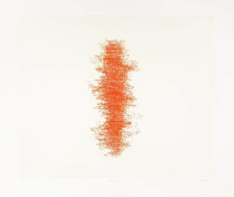 Radierung von Nasan Tur. Graffiti aus Belgrad wurden von Tur gesammelt und so per Hand in Orange übereinander geschrieben, dass sich eine vertikale dichte Farbwolke ergibt