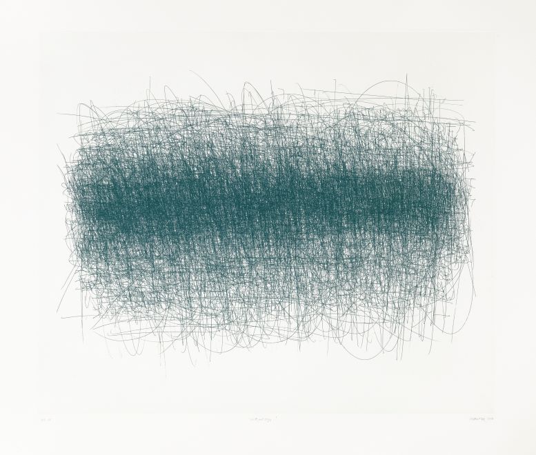 Radierung von Nasan Tur. Graffiti aus Stuttgart wurden von Tur gesammelt und so per Hand in Grün übereinander geschrieben, dass sich eine dichte Farbwolke ergibt