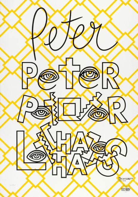 Grafik des Künstlers Peter Tyndall. Auf hellem Grund ist ein gelbes Raster aus Quadraten gedruckt, die mit 2 parallelen Linien verbunden sind. In Schwarz darüber steht in 4 Zeilen „Peter“, die Schrift wird verfremdet, so werden die „e“ zu Augen. das Wort bricht zunehmend auseinander