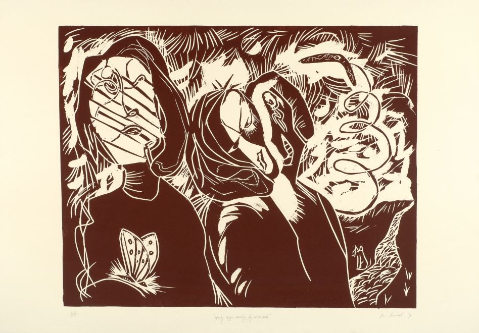 Woodcut by Ken Unsworth in brown showing three human figures in an implied wilderness and a boomerang in the background.