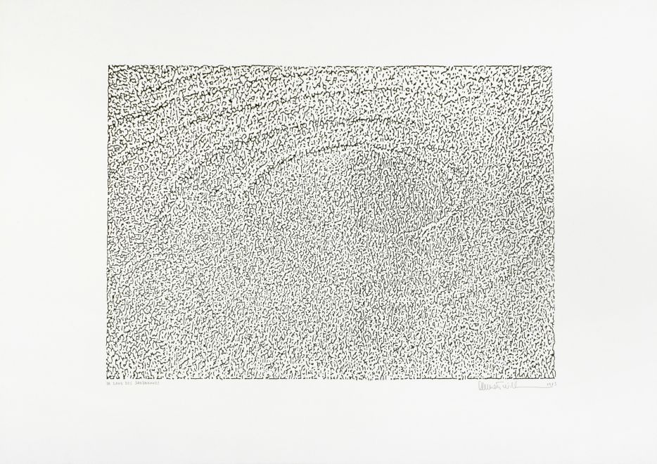 Screen print by Emmett Williams shows a coarse black and white structure reminiscent of sand, in which a large spiral is indicated