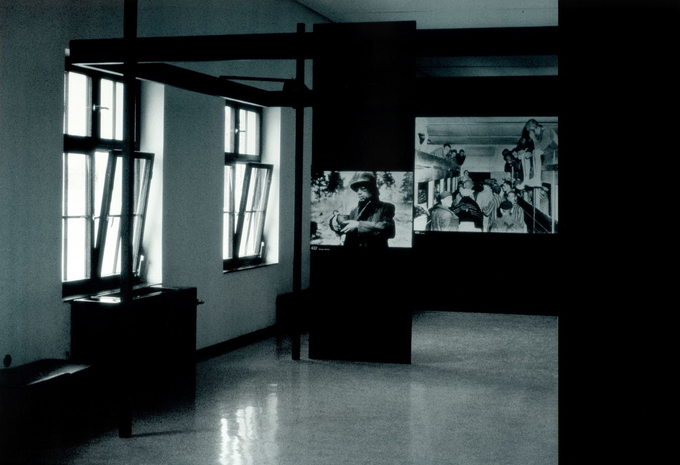 Offset print by Dennis Adams shows a black and white photo of a museum room. Large prints of photographs from a concentration camp hang on black walls