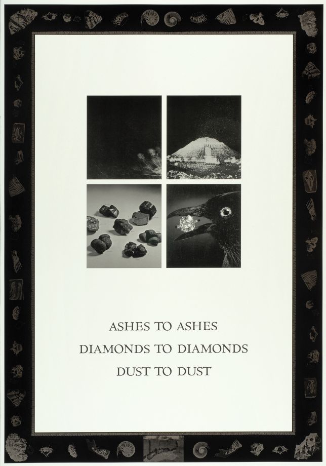 Offset print by Barbara Bloom is an obituary for death itself. Black bordered sheet with 4 b/w photos: skeleton, Maja pyramid, charcoal and diamond, below is written: ASHES TO ASHES, DIAMONDS TO DIAMONDS, DUST TO DUST