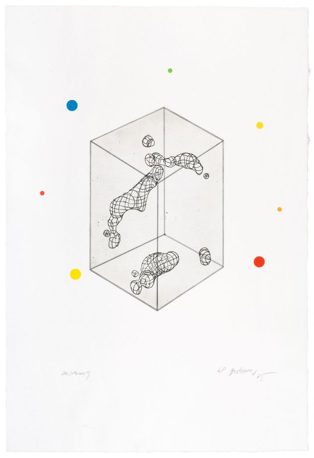 Radierung von KP Brehmer. Zeichnung eines durchsichtigen Quaders, in dessen Inneren sich amorphe Strukturen befinden. Auf das Blatt sind auch farbige Punkte geklebt