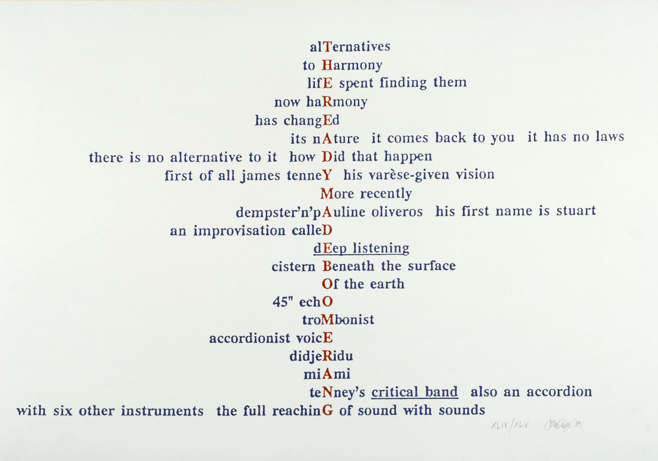 Screen print by John Cage. A mesostychon. Words are written one below the other so that the title “THE READYMADE BOOMERANG”, highlighted in red, can be read vertically