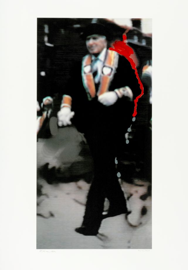 Offset print by artist Richard Hamilton shows a blurred television image of a man dressed as a member of the Protestant Brotherhood of Orange in a parade. Hamilton has applied red and silver enamel paint to the outline of the man by hand
