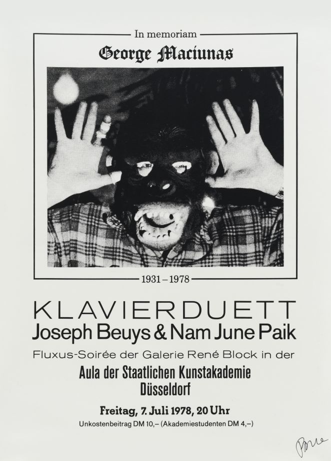Screen print by Joseph Beuys and Nam June Paik on white canvas. The enlarged invitation card for the piano duet In memoriam George Maciunas shows a photo of the artist in a gorilla mask. It also reads: Fluxus Soiree of the René Block Gallery in the auditorium of the Staatliche Kunstakademie Düsseldorf.