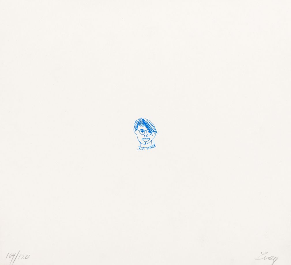 Siebdruck von Konrad Lueg. In der Mitte des quadratischen Blattes ist ein kleines kindlich gezeichnetes Selbstportrait von Lueg, das den Kopf zeigt, am Halsansatz steht Konrad.