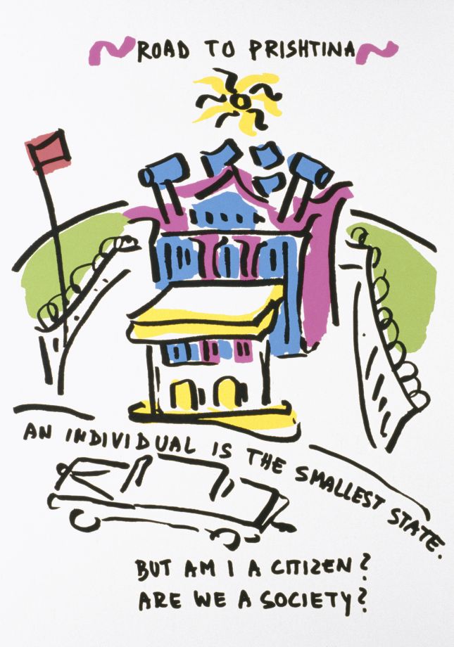 Siebdruck von Marjetica Potrc. Grob kolorierte, einfache Skizze zweier Gebäude, umzäunt mit Stacheldraht. Ein Auto davor auf der Straße, darunter steht: AN INDIVIDUAL IS THE SMALLEST STATE. BUT AM I A CITIZEN? ARE WE A SOCIETY?