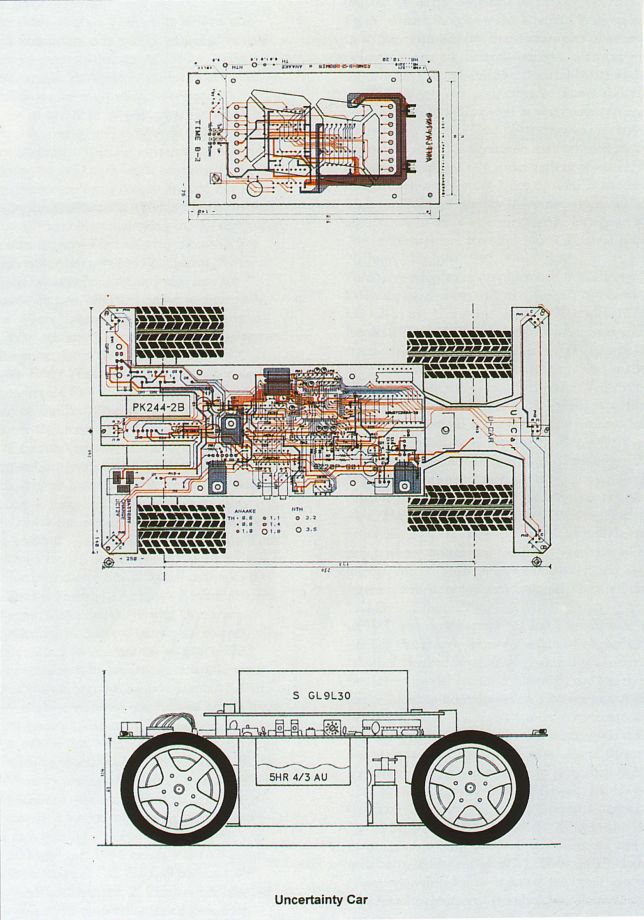 Siebdruck von Tatsuo Miyajima zeigt drei technische Zeichnungen eines Fahrzeugs mit Schaltkreisen des Motors, darunter steht: Uncertainty Car