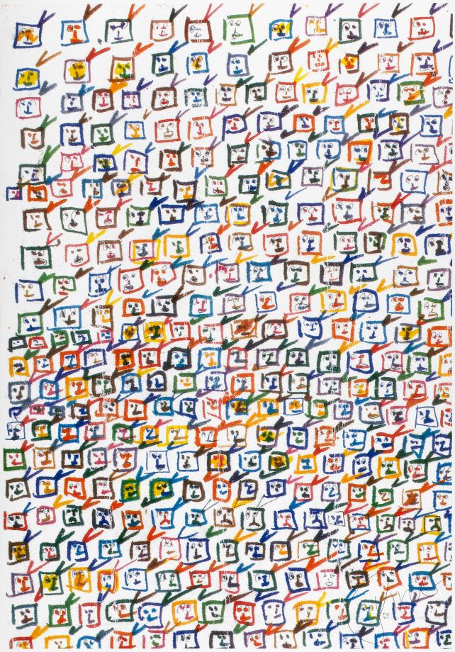 Graphic by Nam June Paik shows a series of boxes drawn in different colors that cover the entire page as screens, each with a face inside and an antenna