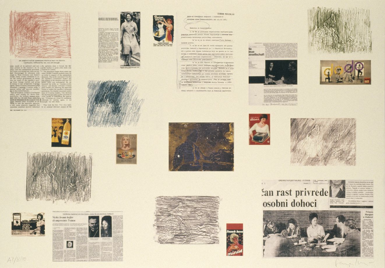 Offsetdruck von Sanja Ivekovic. Eine Zusammenstellung von Zeitungsausschnitten, Werbefotos und übermalten Fotos auf hellem Grund.