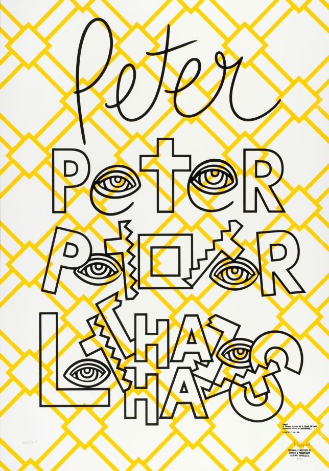 Graphic by the artist Peter Tyndall. A yellow grid of squares connected by 2 parallel lines is printed on a light background. Above it, in black, is written “Peter” in 4 lines, the writing is distorted so that the “e” becomes eyes and the word increasingly breaks apart