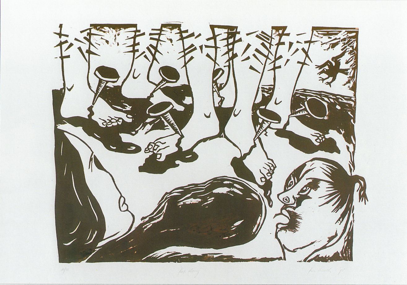 Düster wirkender Holzschnitt von Ken Unsworth zeigt Beinpaare, durch die Nägel wie Stigmata geschlagen sind, Blut rinnt aus den Wunden. an den Beinen sind Stacheln, im Vordergrund sind betrachten verzerrte Gesichter die Szene