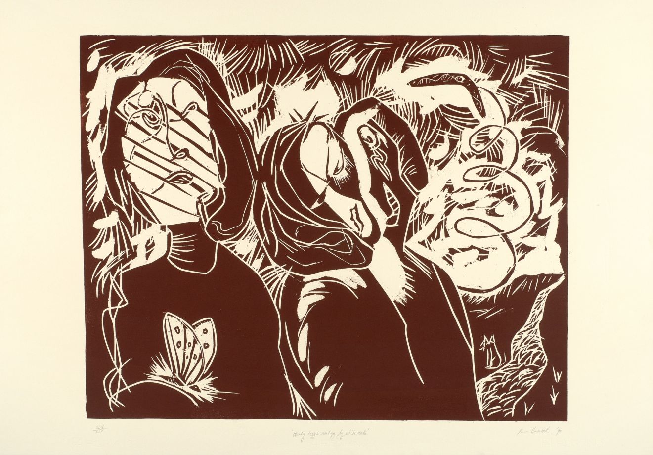 Woodcut by Ken Unsworth in brown showing three human figures in an implied wilderness and a boomerang in the background.