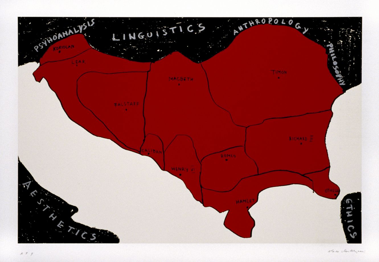 Druck von Vlado Martek. Eine gezeichnete Landkarte der Balkanregion. Die Länder sind rot, deren Hauptstädte mit Namen aus Stücken von Shakespear bezeichnet.