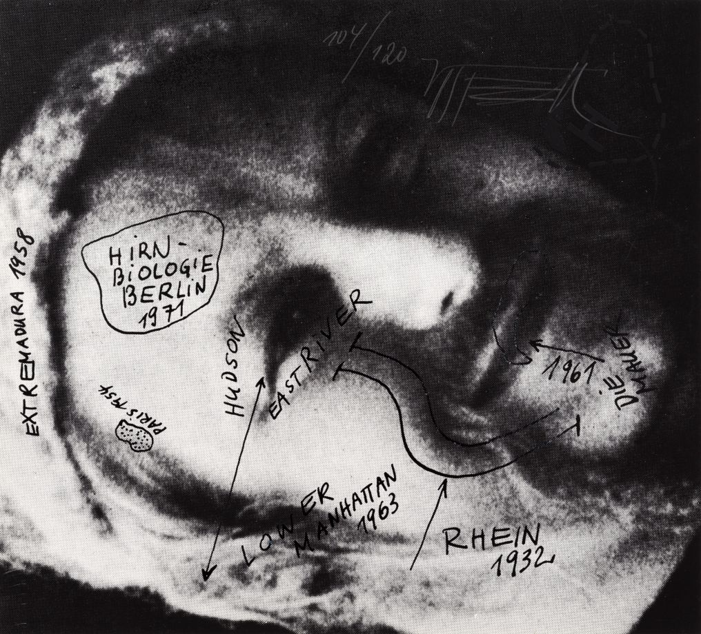 Siebdruck von Wolf Vostell zeigt eine zur Seite gekippte, schwarzweiße Nahaufnahme von Vostells Gesicht. Darüber finden sich in schwarzer Lackfarbe gedruckte, handschriftliche Notizen von Vostell, die biografische Eckdaten und Aufenthaltsorte des Künstlers beinhalten wie RHEIN 1932, LOWER MANHATTAN 1963